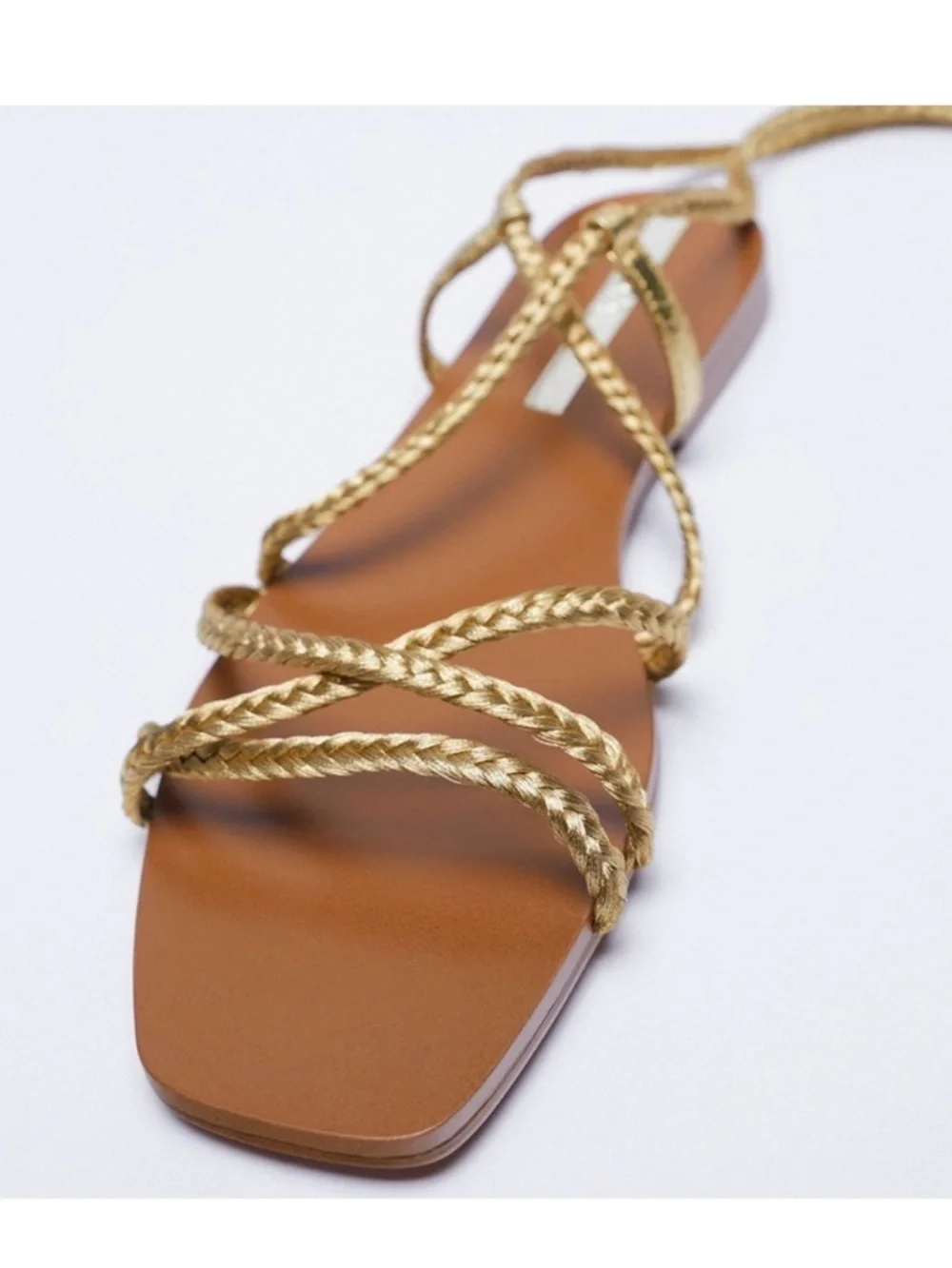 Zara Gold Braided Lace-Up Flat Sandals - Picture 1 of 7